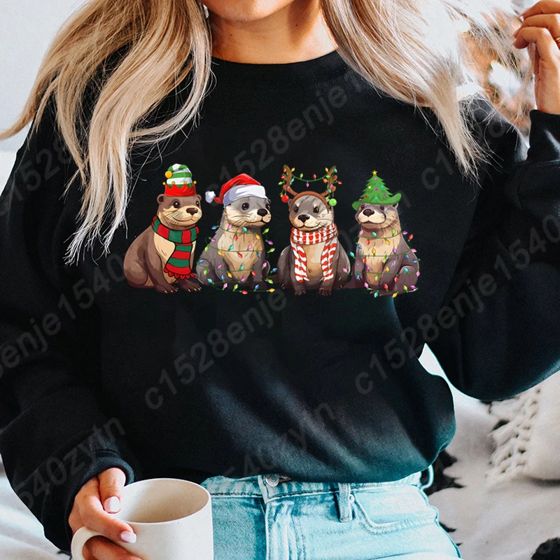 Otters Christmas Lights Print Sweatshirts, Otter Merry Christmas Sweatshirt, Crew Neck Long Sleeves Women Xmas Pullovers Tops
