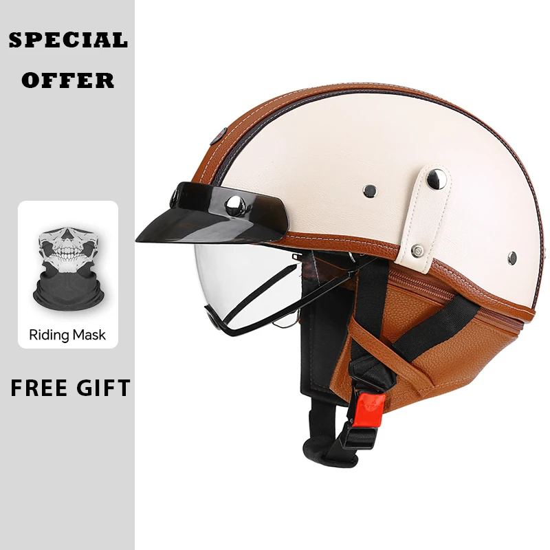 

Retro Half Face Motorcycle Helmet for Men Black Leather Vintage 1/2 Half Helmets DOT Approved Low Profile Open Face Helmets M-XX