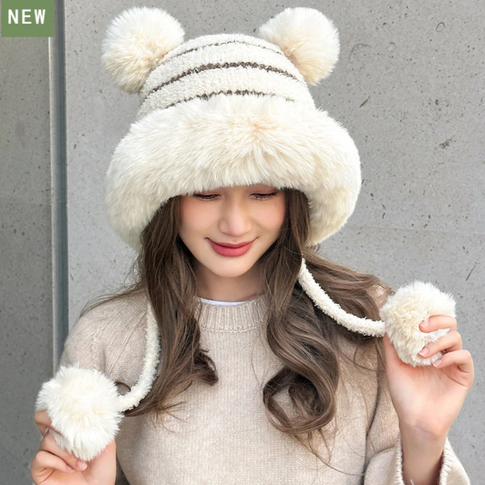 

HT4525 Winter Fur Hat for Women Thick Warm Four Fur Ball Pompoms Beanie Hat Ladies Knitted Russian Hat Cute Snow Ski Earflap Cap