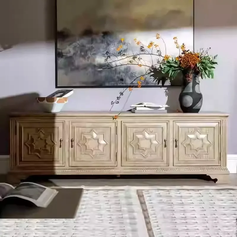 American Solid Wood TV Cabinet French Engraved Retro Old Ivory White Dining Sideboard Villa Living Room Complete Furniture