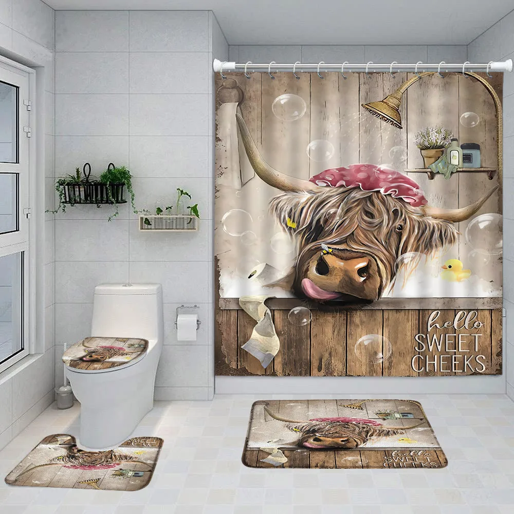 

Funny Highland Cow Shower Curtain Set Western Bull Portrait Brown Wooden Panel Non-Slip Carpet Toilet Cover Bathroom Decorative