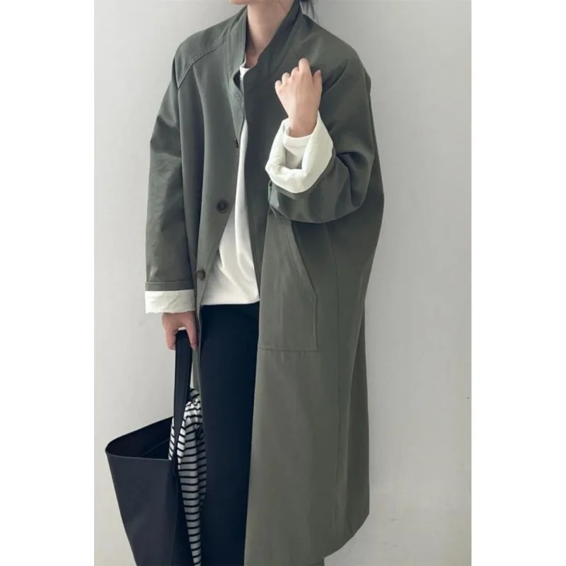 Fraya Lab Nowy Modny Casualowy Płaszcz Trencz z Stójką Damski Wiosenny Casualowy Płaszcz Trencz z Wykładanym Kołnierzem Zapinany na Guziki