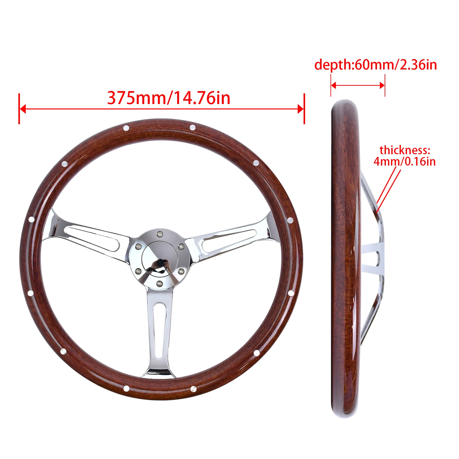 General 375mm Riveted Classic Wood Steering Wood Grain15inch With Horn Button Long Hole Chroming Spoke Car Racing Steering Wheel