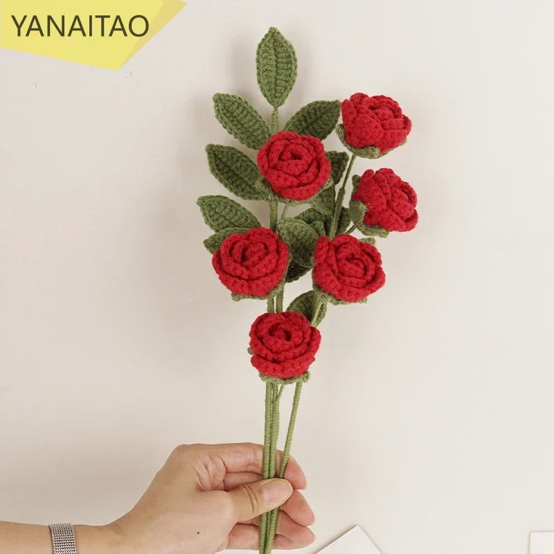 Finished Hand-Knitted Crochet Multi-Head Rose Artificial Flower Table Decoration for Wedding Home Decor Bouquet Four Season Leaf