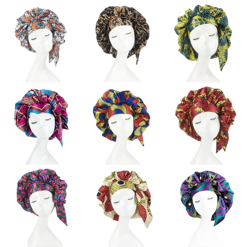 Extra Large African Pattern Print Satin Bonnet Women Night Sleep Cap Adjustable Wide Band Elastic Head Wrap Hair Bonnet Hat