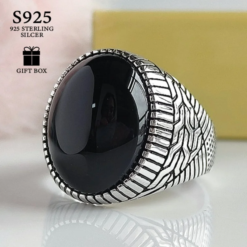 1Pc Retro 925 Silver Geometric Pattern Oval Black Agate Ring,Bestows Unparalleled Surprises Upon Family and Friends on Birthdays