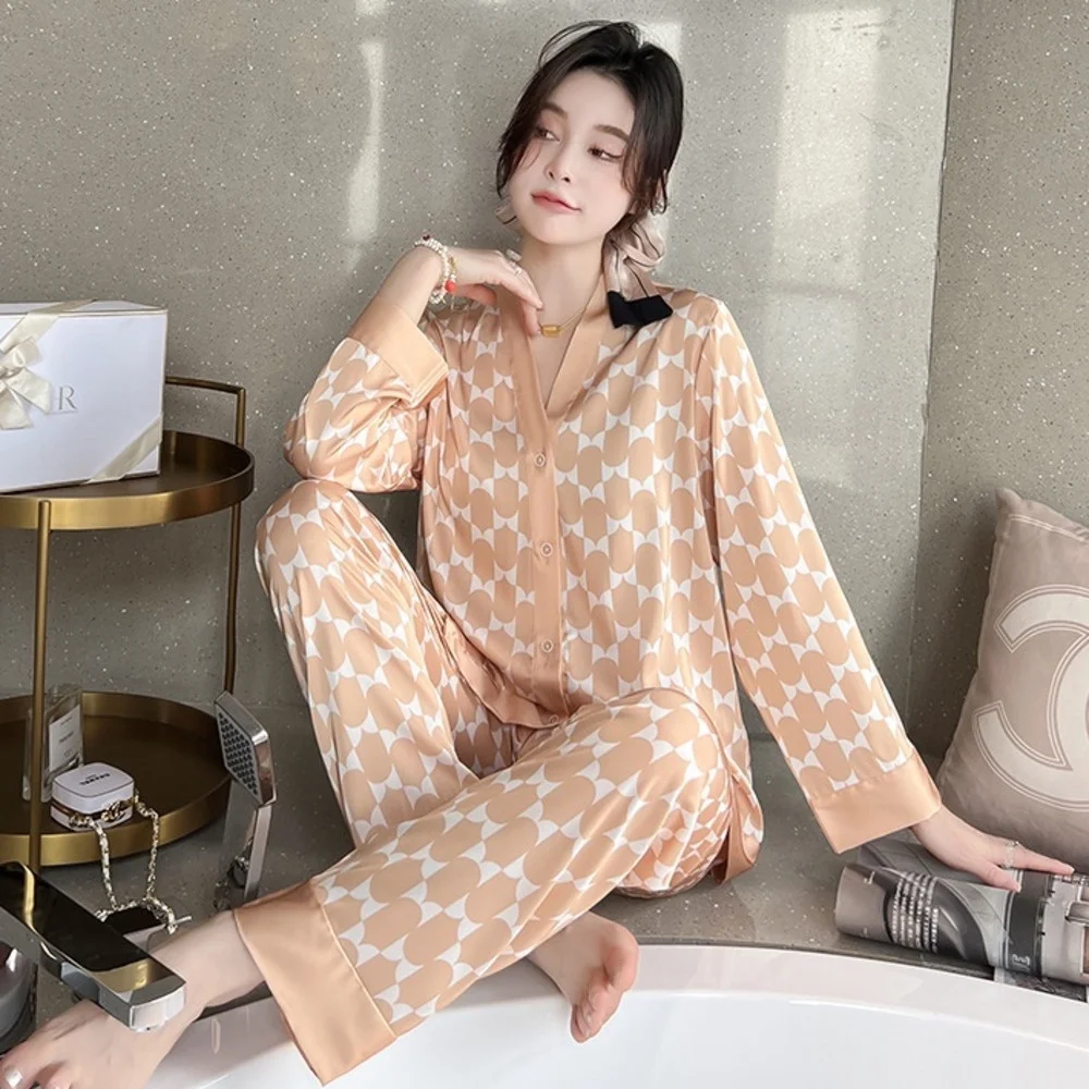 Lisacmvpnel Satin XXL Plus Size Women Pajama Set Print Fashon Long Sleeve Suit Pyjamas