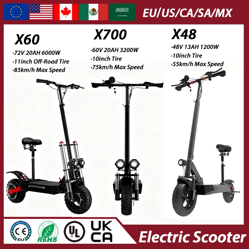 

13-30AH Li-Battery Electric Scooter 1200-6000W Dual Motor E-Scooter 55-85KM/H Max Speed Scooter Electric 10/11'' Off-Road Tire