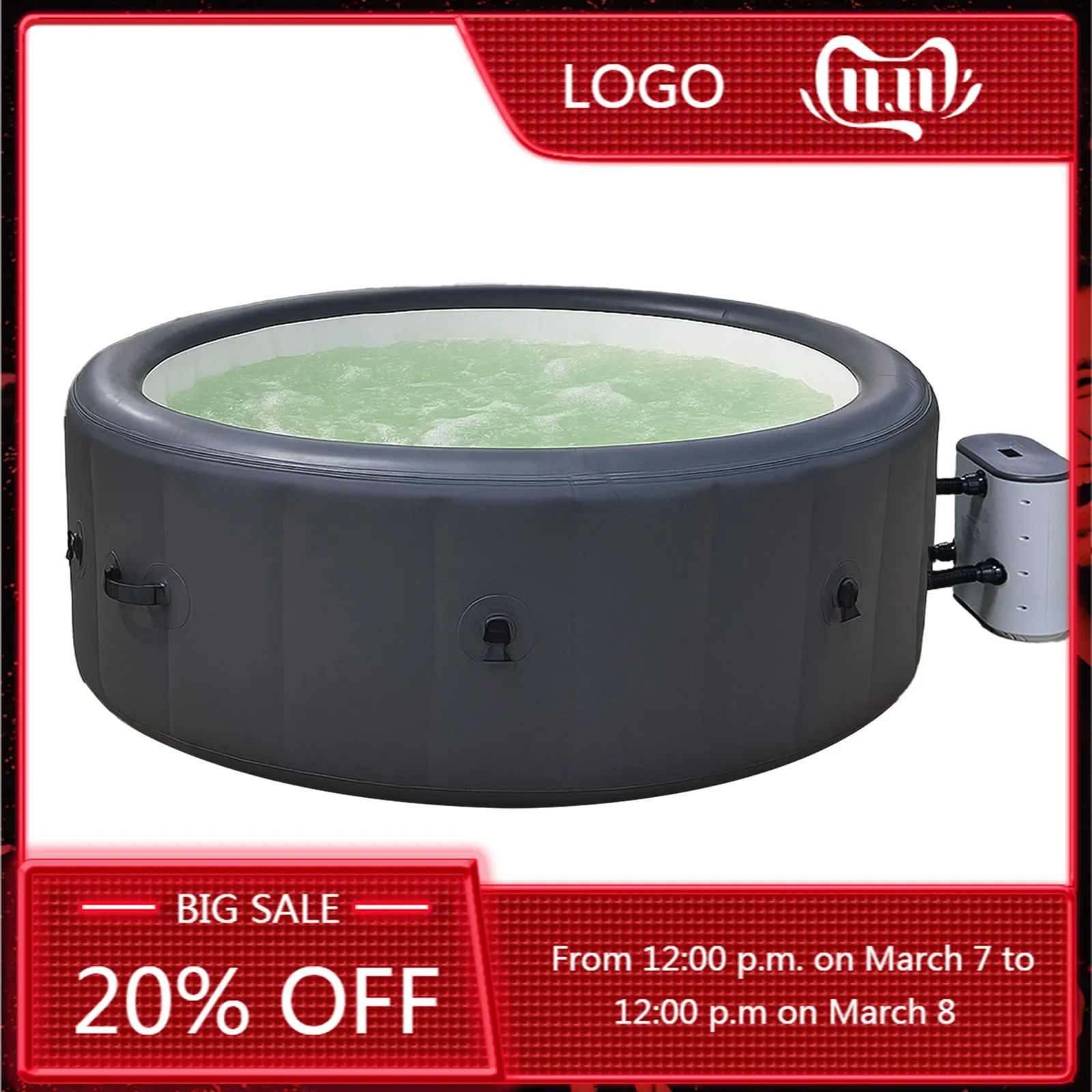 

STLF Modern 176cm Diameter Black Inflatable Hot Tub Large Bubble Massage for 4 People 150 Air Jets 360° Bubble Surfing Hotels