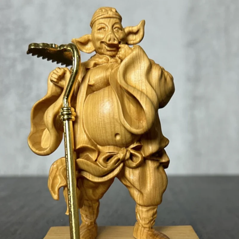 Natural Thuja Wood Carving Zhu Bajie Figurine Chinese Pigsy Marshal Tianpeng Good Luck Office Desktop Decor Ornament
