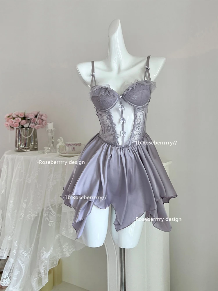 Women Purple Sleepdress Two Pieces Summer Sexy Exotic Lace Sleeveless Pajamas Set Home Underwear Nightwear Mini Lingerie Clothes