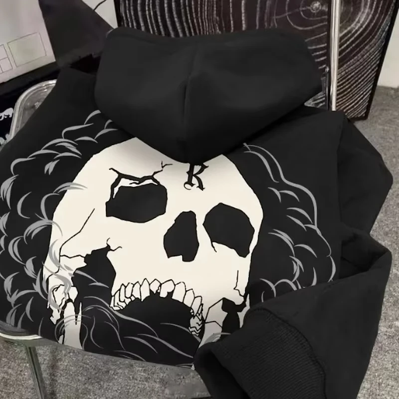 Moletom Masculino Casual Solto com Capuz, Estampa de Caveira, Estilo Urbano Americano, Tendência de Moda High Street
