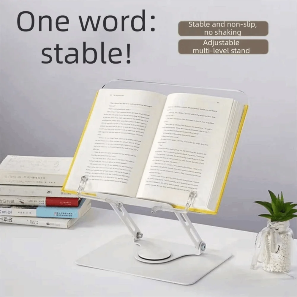 Adjustable Height Acrylic Book Stand 360° Rotating Base Foldable Cookbook Holder Elastic Page Clips Hands Free Tablet Riser