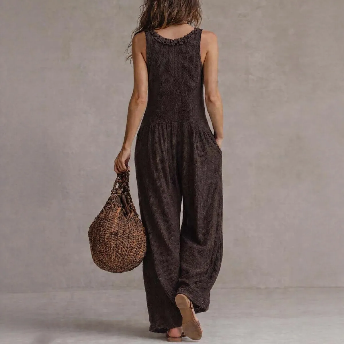 Wide Leg Sleeveless Romper with High Waist Literary Retro Full Length Button Slight Stretch Edgy Streetwear Women Jumpsuit