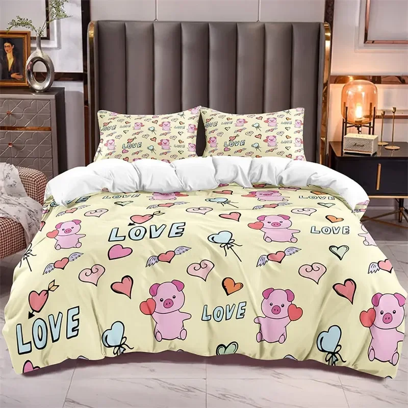 Cartoon Lovely Pig Duvet Cover Set Cute Animals Bedding with 2 Pillowcases King Farmhouse Wildlife Themed Comforter Cover 3 Pcs