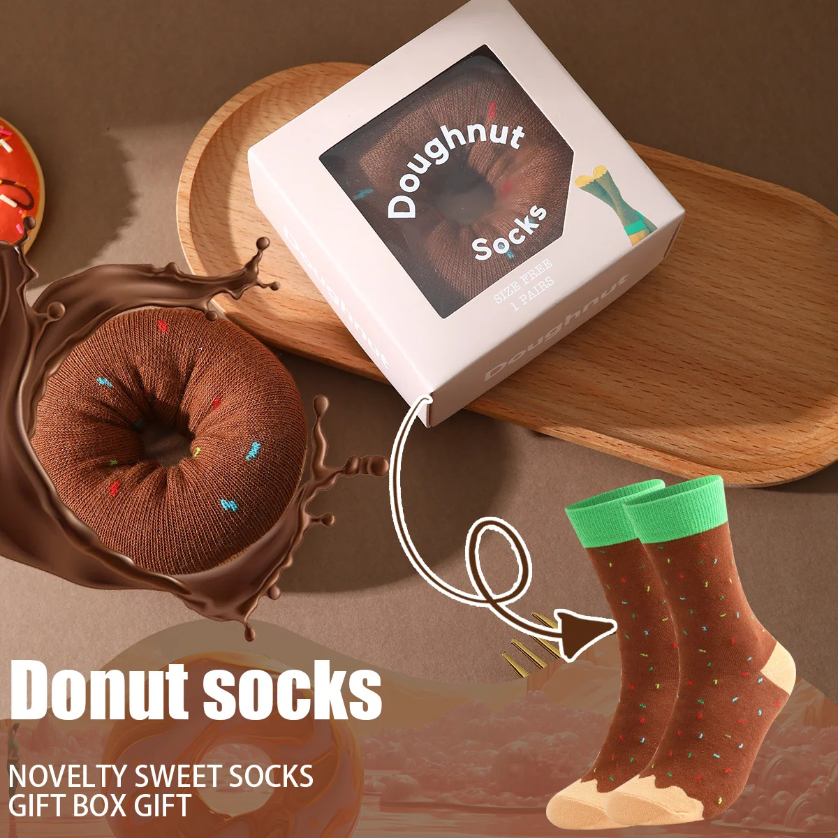 1 pair of unisex mid-calf socks in a novel and interesting chocolate gift box. Patterned gift box socks. Creative gift box socks for autumn and winter. Fashionable and trendy style, comfortable and breathable. Suitable as a gift for friends, loved ones, parties, casual wear, or as a novelty gift for Valentine's Day, Halloween, birthdays, Christmas, New Year, Thanksgiving, autumn and winter, and all seasons
