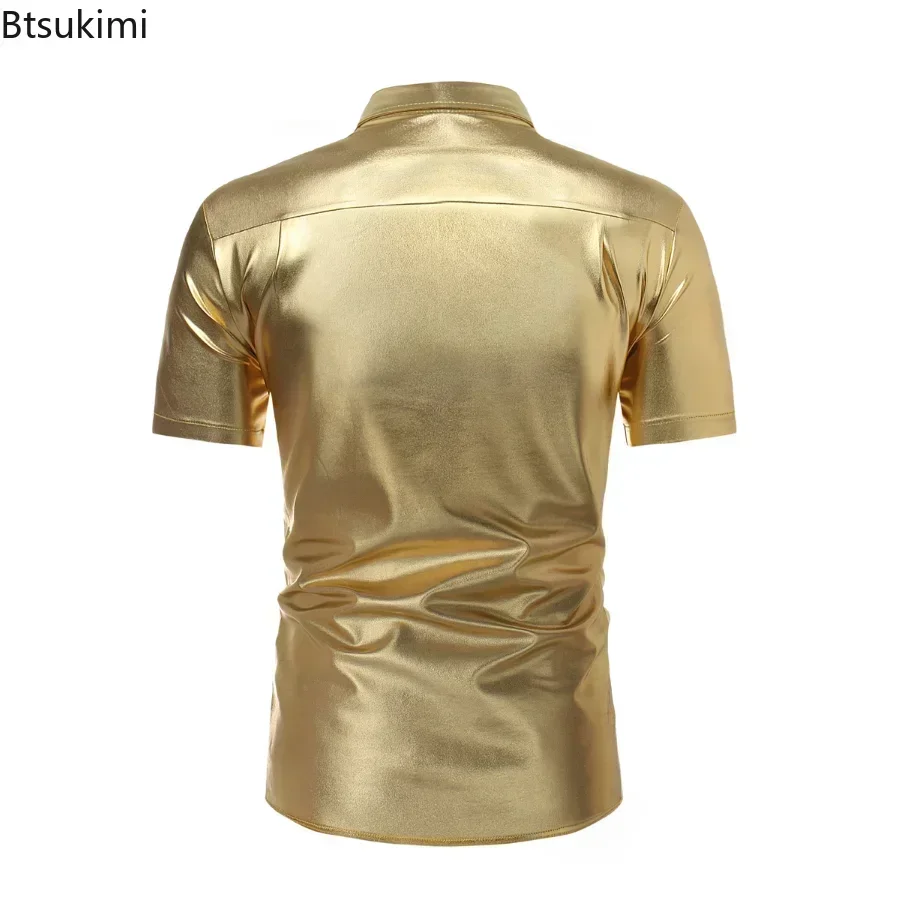 2024 Men\'s Shiny Nightclub Party Shirts Fashion Gold Silver Slim Fit Short Sleeve Shirt Men Evening Party Singers Clothing Male