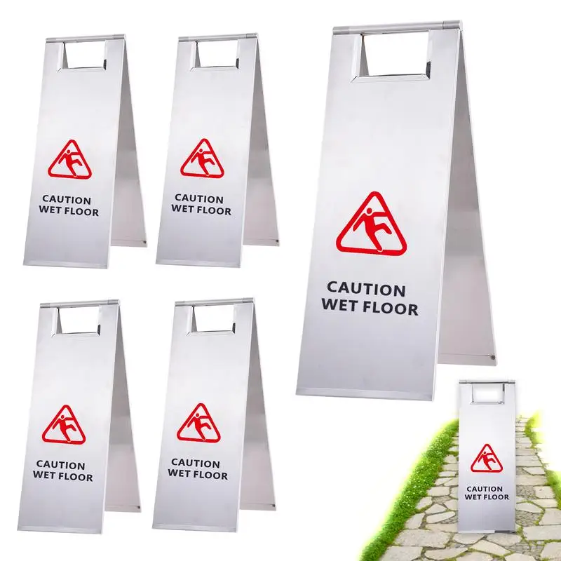 Wet Floor Sign Floor Sign Safety Signs Slippery Sign Stainless Steel Double-Sided Warning Sign 5 Pcs Folding Signs For