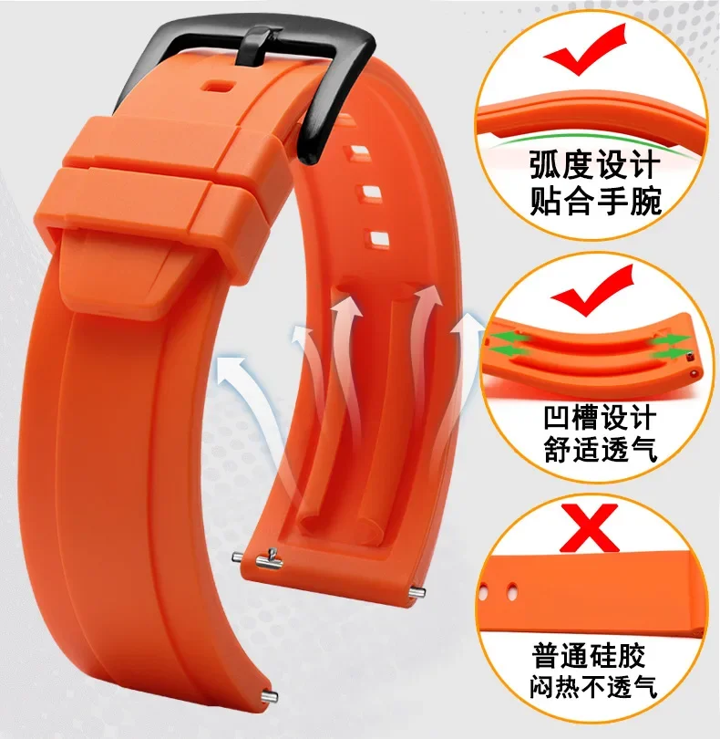 Dust-Free Rubber Waterproof Quick Release Watchband 20mm 22mm 24mm Black Orange Rubber Strap for Seiko Omega Watch Accessories