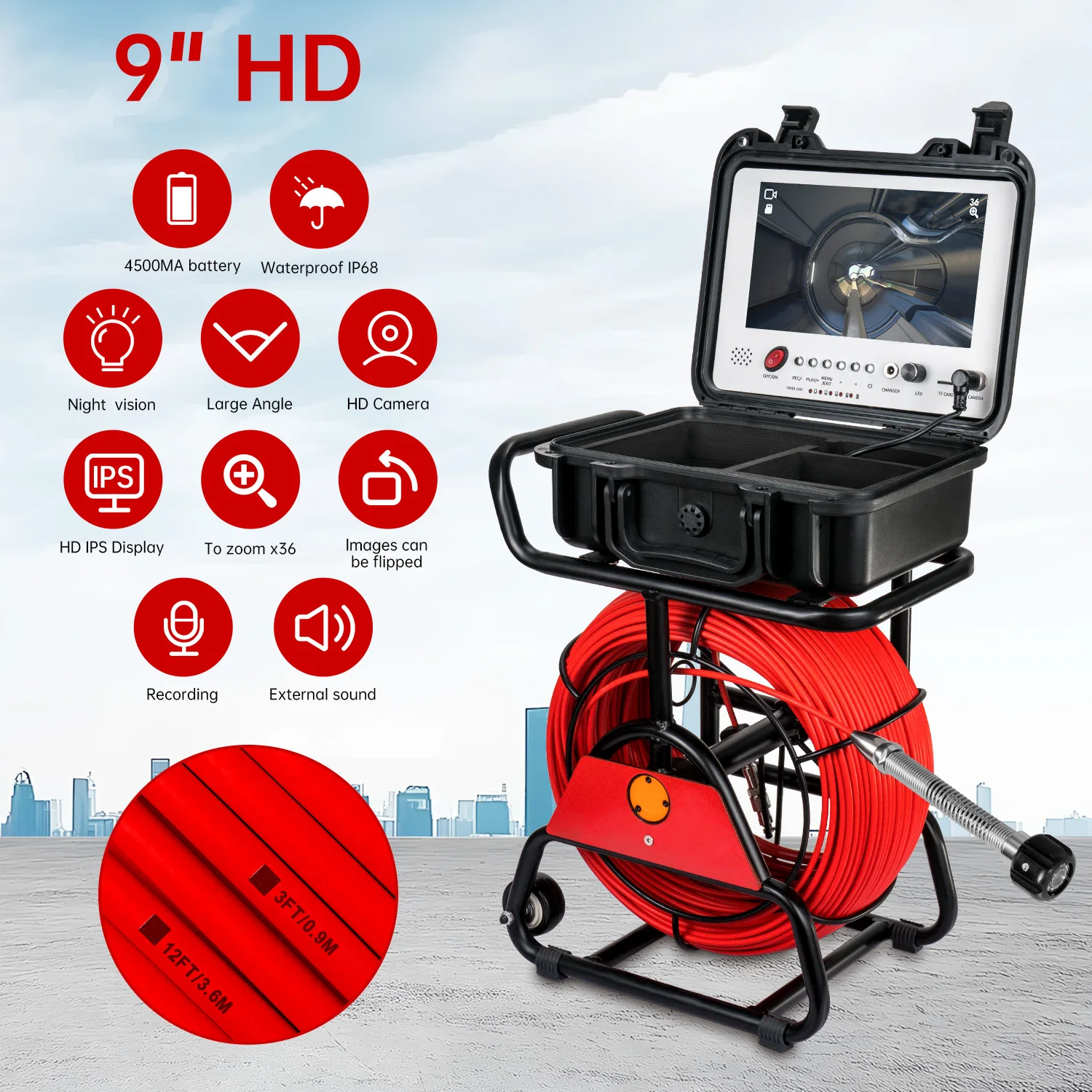 Sewer Drain Self-leveling+512HZ Sonde+Locator Pipe Inspection Camera Endoscope 9Inch HD Screen 5MM Cable 16GB DVR