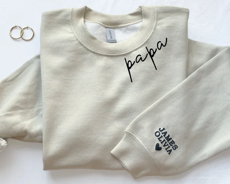 Personalized Papa Sweatshirt with Kid Names on Sleeve Minimalist Neckline Sweater Fathers Day Gift New Dad Gift Birthday Gift