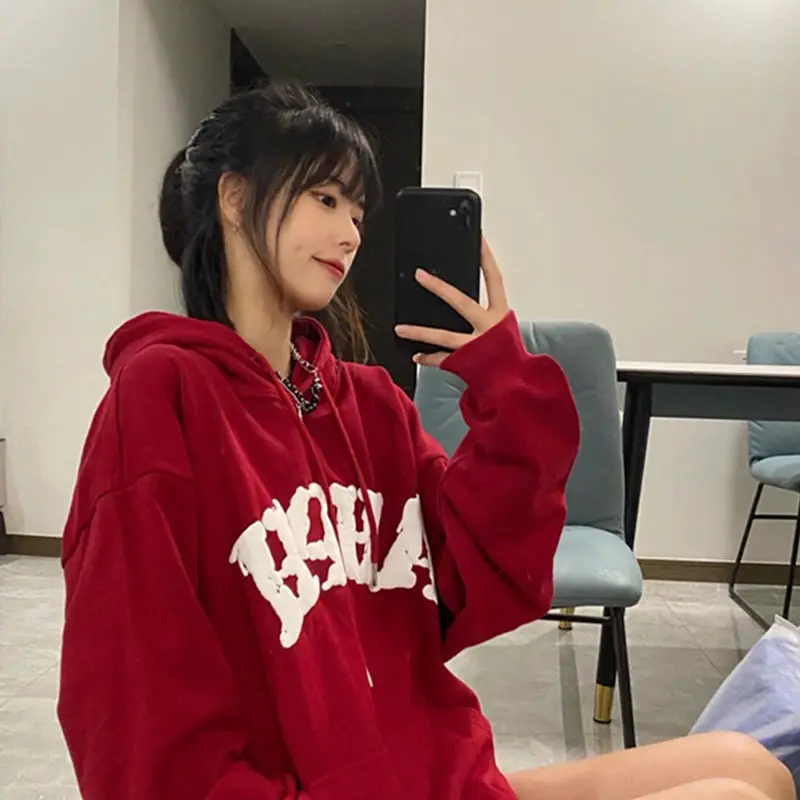 Christmas Red Hooded Sweatshirt Women Oversized Hoodie Harajuku Korean Fashion Long Sleeve Pullovers Preppy Look Aesthetic