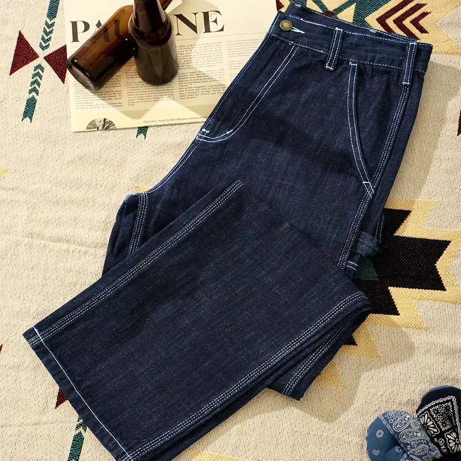 Retro Multi-Pocket Original Color High Street Bamboo Jeans Trendy Distressed Washed Workwear Denim Trousers Four Seasons Pants