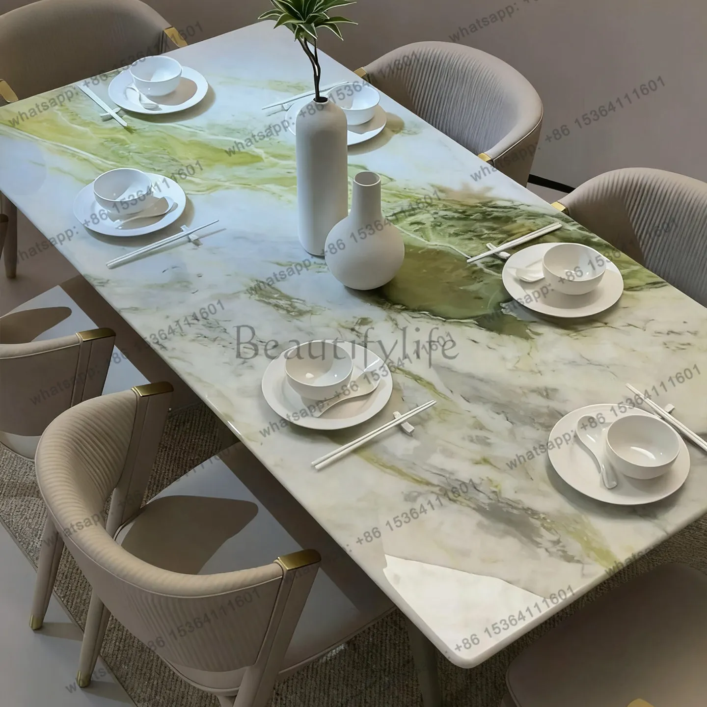 

Medieval natural luxury stone green marble dining table, light luxury household villa family square dining table