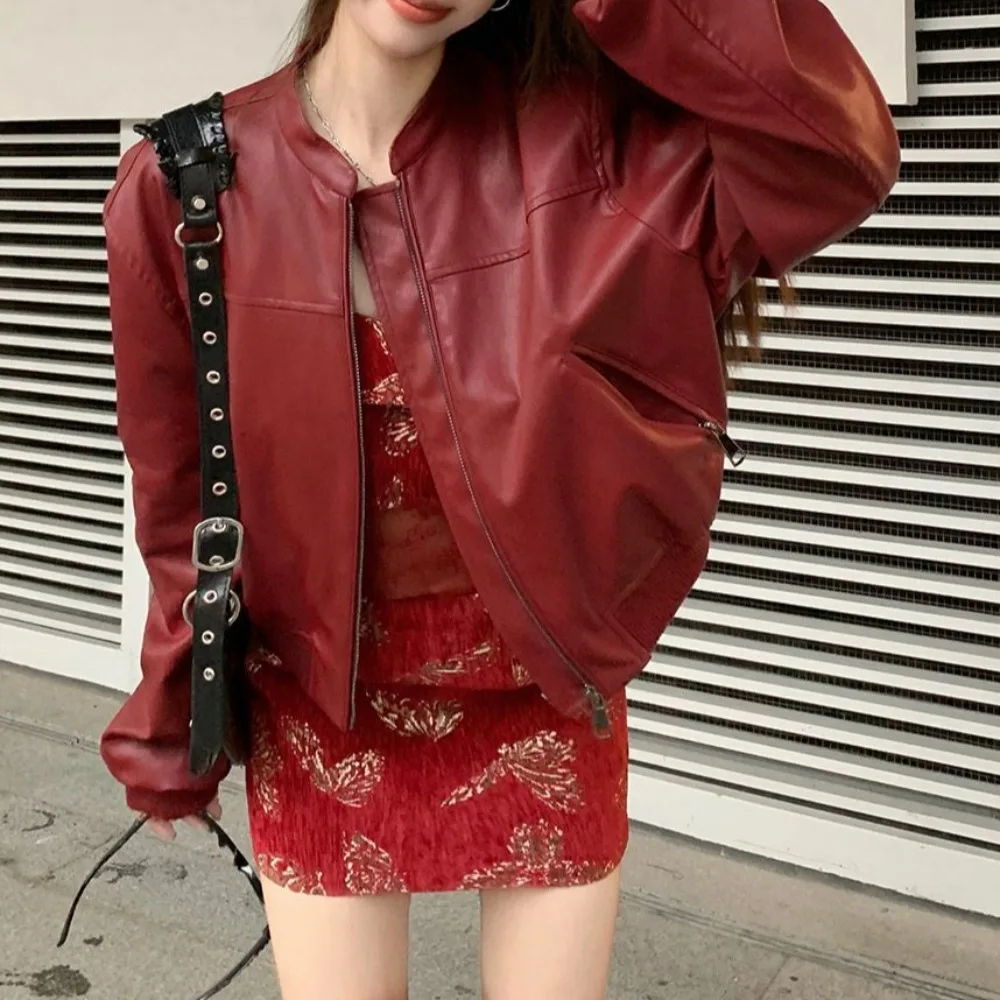 

American Sle ort Red Leather Jaet Women's High-End Feeling 2026 Korean Version New Small Size Casual Sle Zipper Closure