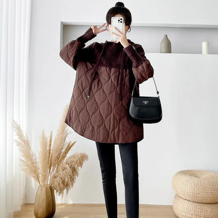 Autumn and Winter Clothes New Pregnant Women\'s Clothes Slim Mid Long Cotton Sweater Hooded Patchwork Coat Small Cotton Jacket