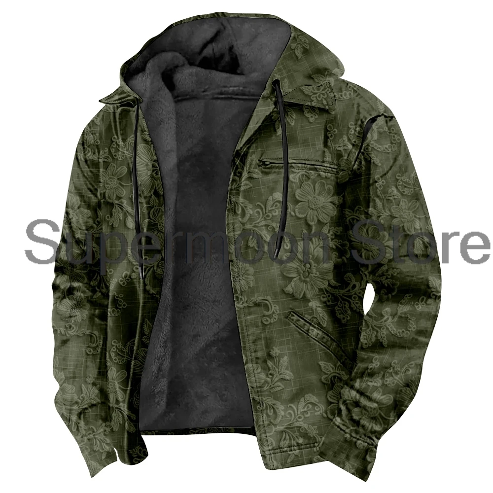 

Floral Pattern Plaid Hooded Jacket Parkas Unisex Long Sleeve Zipper Hoodies Women Men Winter Outerwear Coat 3D Clothes
