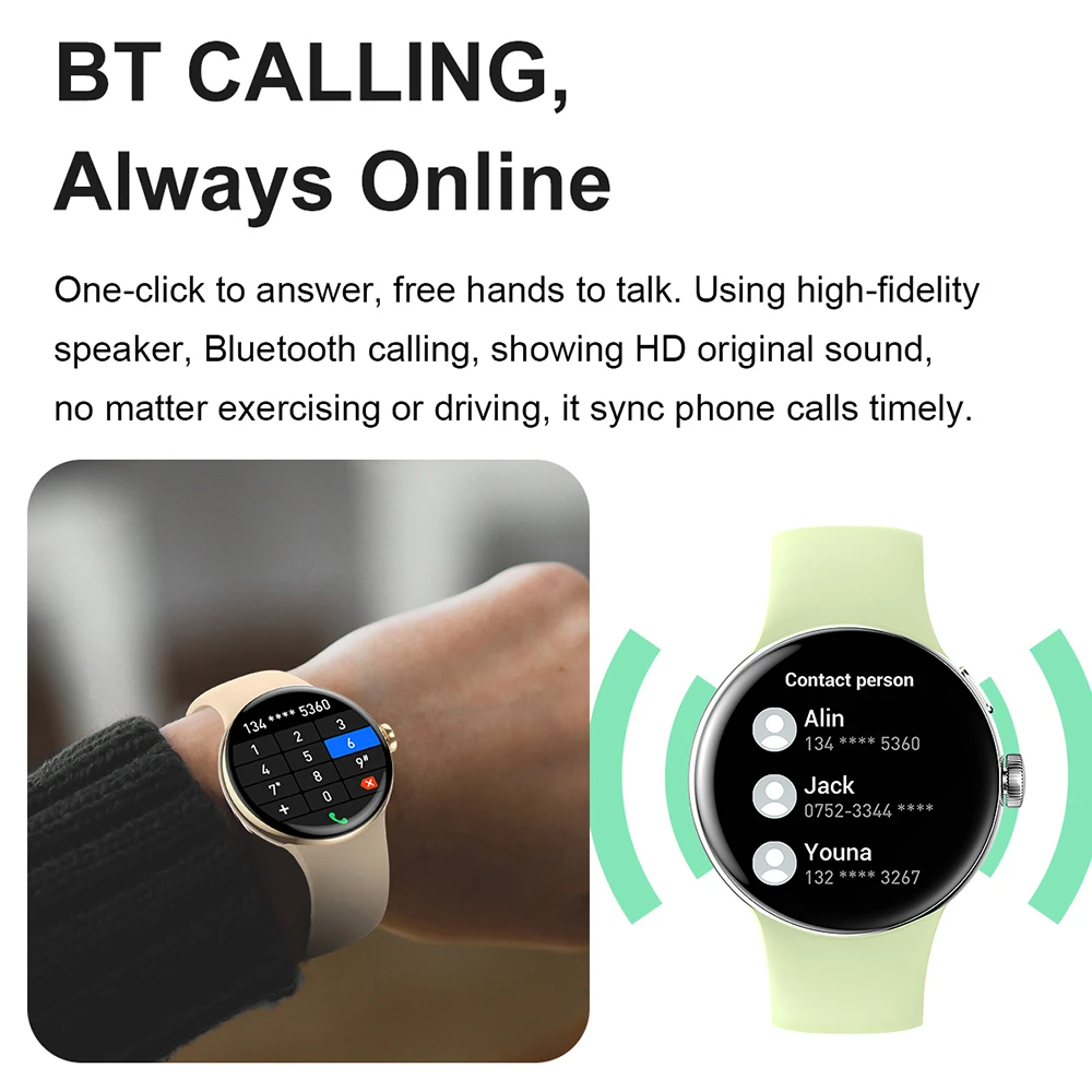 ساعة ذكية للرجال والنساء ، مكالمة بلوتوث ، شاشة عرض AMOLED ، 3ATM ، IP68 ، ساعات رياضية مقاومة للماء ، الصحة ،