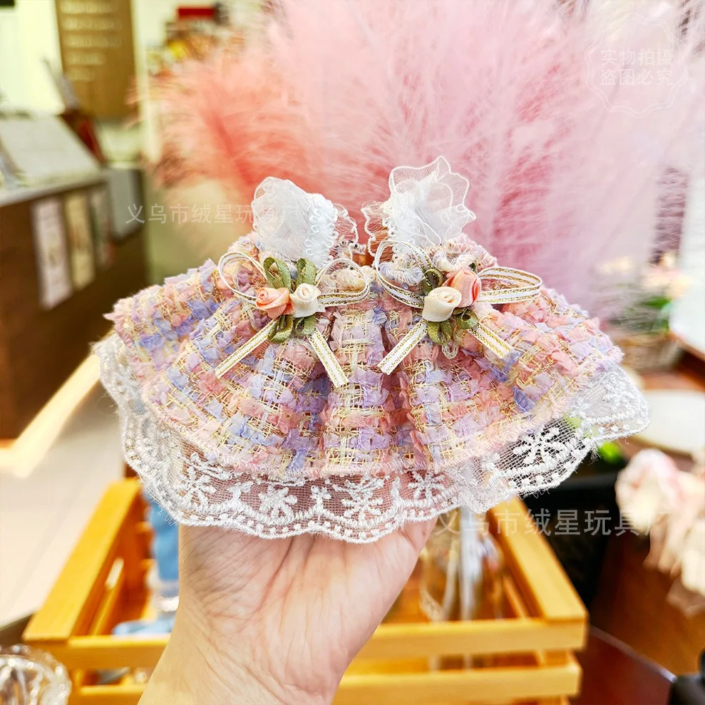 Tweed Lace Doll Dress Floral Bow Mini Skirt For OB11 1/12 BJD 10cm Cotton Plush Doll Outfit Dress Up Accessories Only Clothes