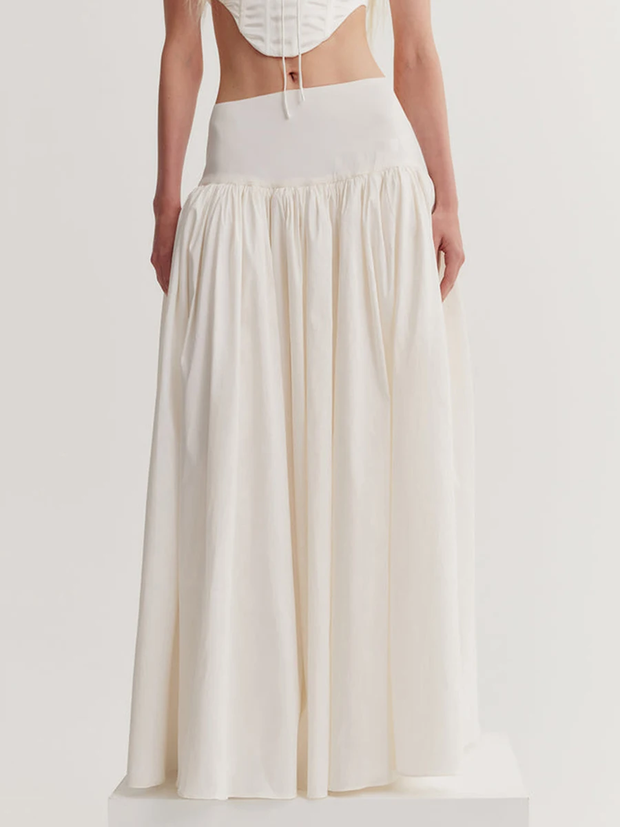 

Women s Long Skirt Loose Fitting Elastic Waist Ruched Detail Solid Color Skirt for Spring Summer