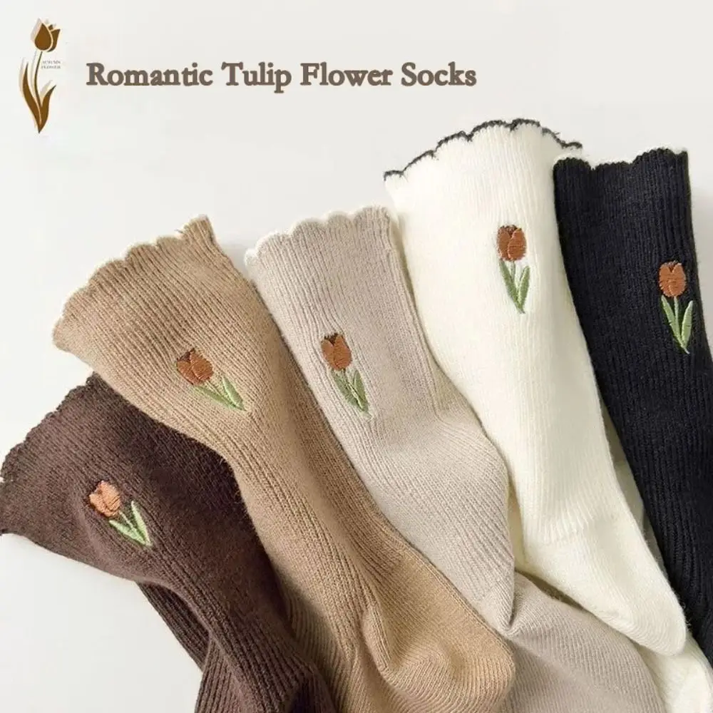 

5pairs Tulip Floral Embroidery Women Flower Socks Solid Color Crew Length Mid Tube Socks Retro Vintage Crew Socks Autumn Winter