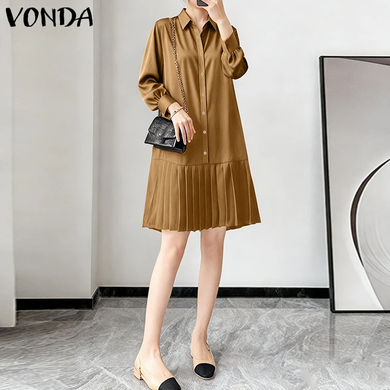 VONDA Damskie Sukienki Koszulowe na Jesień 2025 Długi Rękaw Jednolite Eleganckie Mini Sukienki Letnie z Kołnierzykiem Zapinane na Guziki Z Falbankami Vestidos Modne Codzienne Szaty