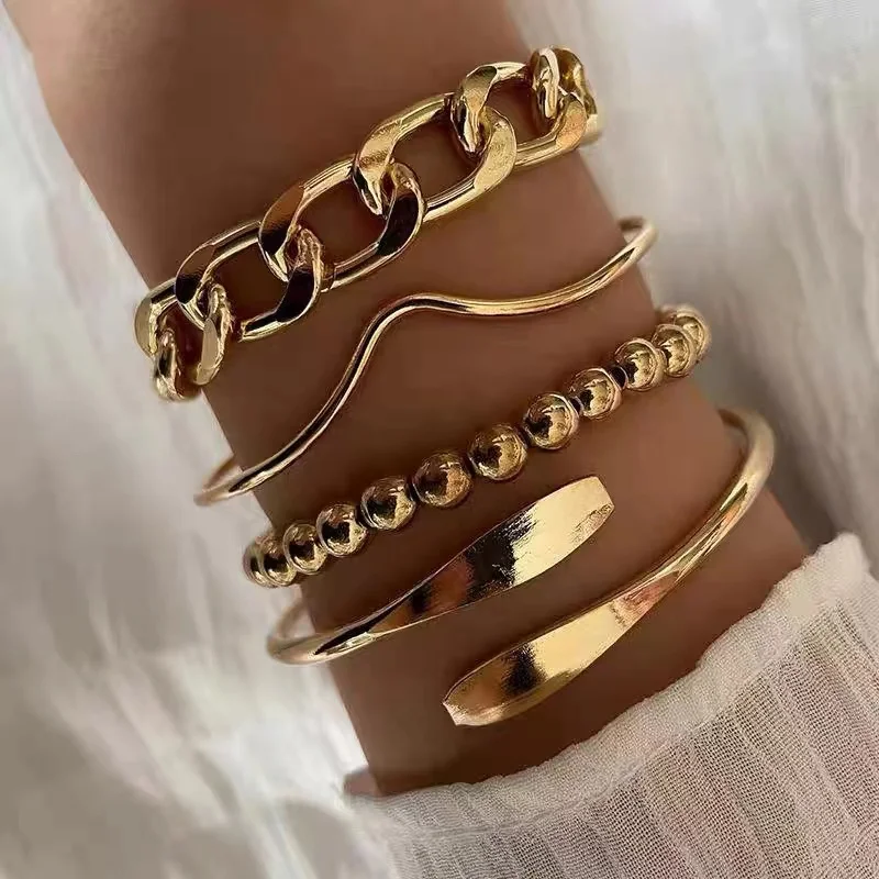 4pcs Punk Curb Cuban Chain Bracelets Set for Women New Simple Thick Gold Color Charm Bracelets Fashion Jewelry Accessories