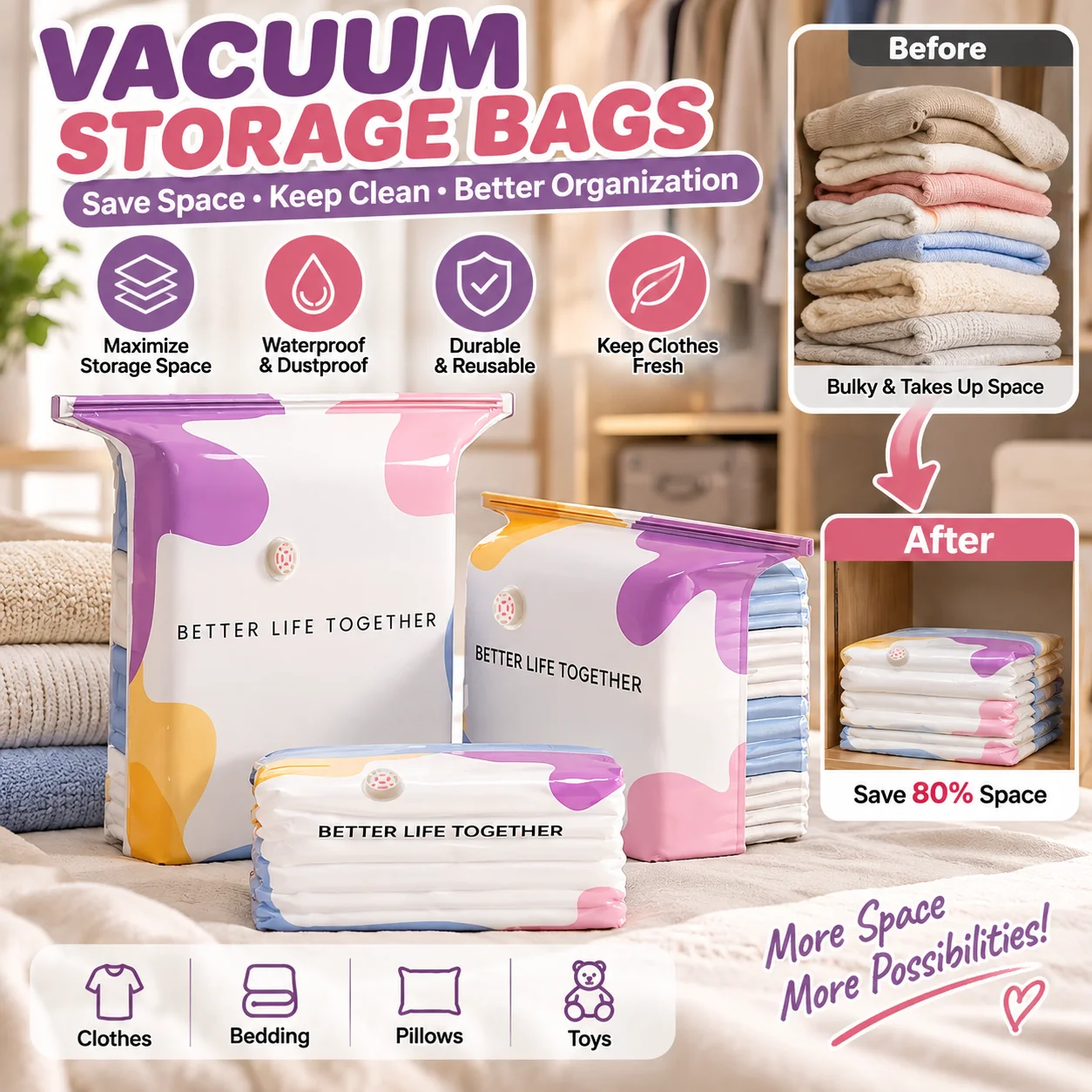 1PC No-Pump Upgraded 3D Vacuum Storage Bags Large Capacity Compression Bags for Clothes Comforters Blankets Bedding