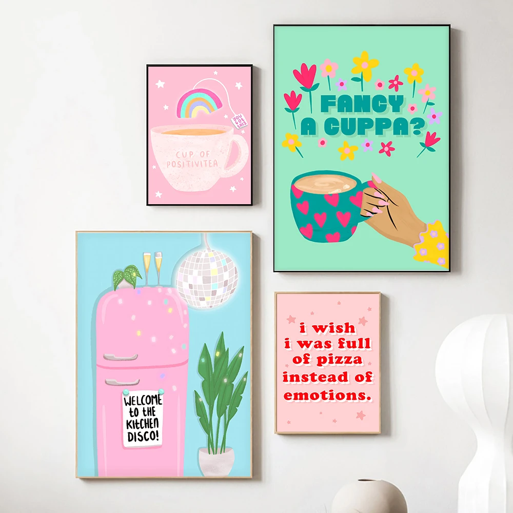 Pink Coffee Cup Abstract Cartoon Art Canvas Painting Print Tea Rainbow Kitchen Funny Room Wall Home Decor Colorful Quote Picture