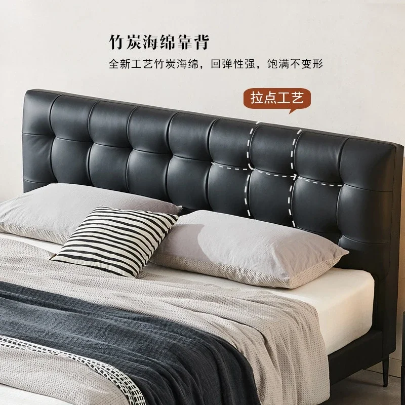 이탈리아 미니멀리스트 가죽 침대, 모던 미니멀리스트 블랙 와플 원목 침대