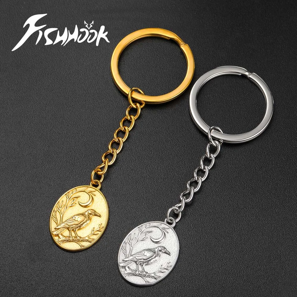 Raven Moon Branch Oval Coin Keychain Vintage Crow Medallion Gift Viking Key Chain Ring For Woman Men Stainless Steel Jewelry