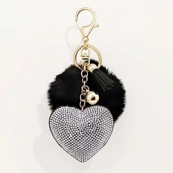 Rhinestone 하트 모양 폼폼 열쇠고리 여성용 가방, 열쇠 고리 펜던트, 자동차 장식 룸 서스펜션 장식