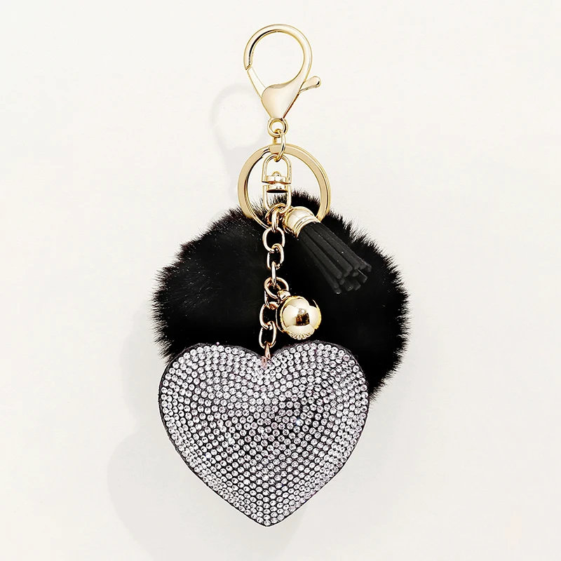 Pompom Keychains Rhinestone Heart Women's Bags Key Ring Keyrings Pendants Automobile decoration room Suspension Decoration