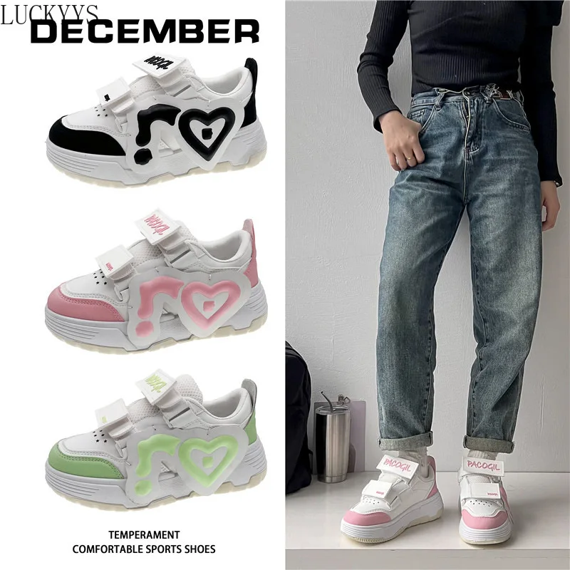 

Mixed Color Thick Bottom Chunky Heels Women Sneakers Hook Loop Round Toe Fashion Ins Street Runaway Trainer Female Sports Shoes