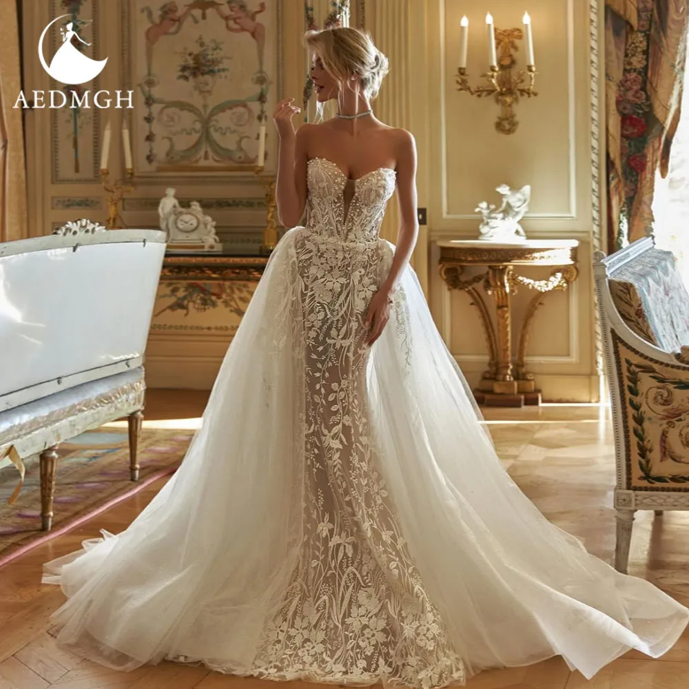 

Aedmgh Mermaid Sexy Wedding Dresses Strapless Vestido De Novia Lace Embroidery Detachable Train Vintage Custom Made Bridal Gown