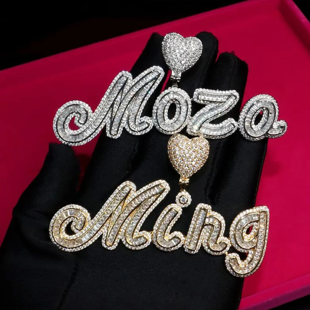 

Customized Cursive Baguettecz Name Necklace with Heart Bezel Iced CZ Charms Tennis Chain Necklace Hip Hop Jewelry