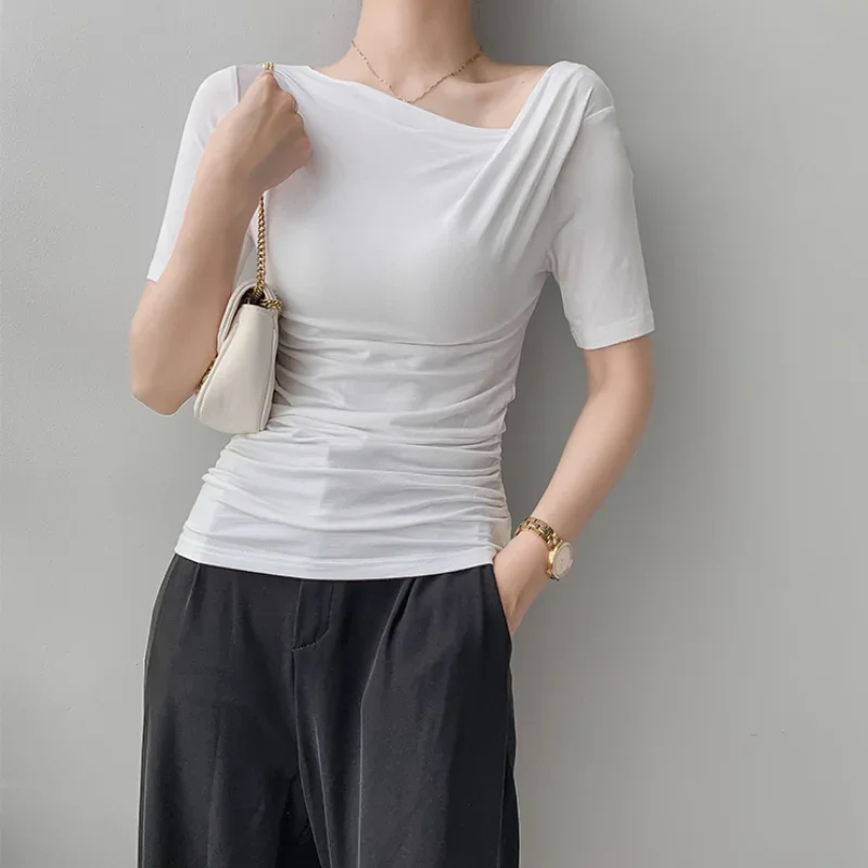 Women Basic Cotton Short Sleeve Slim Elastic T-shirts New Fashion Skew Collar Folds Tops Ladies Elegant Summer Sexy Tee Shirt