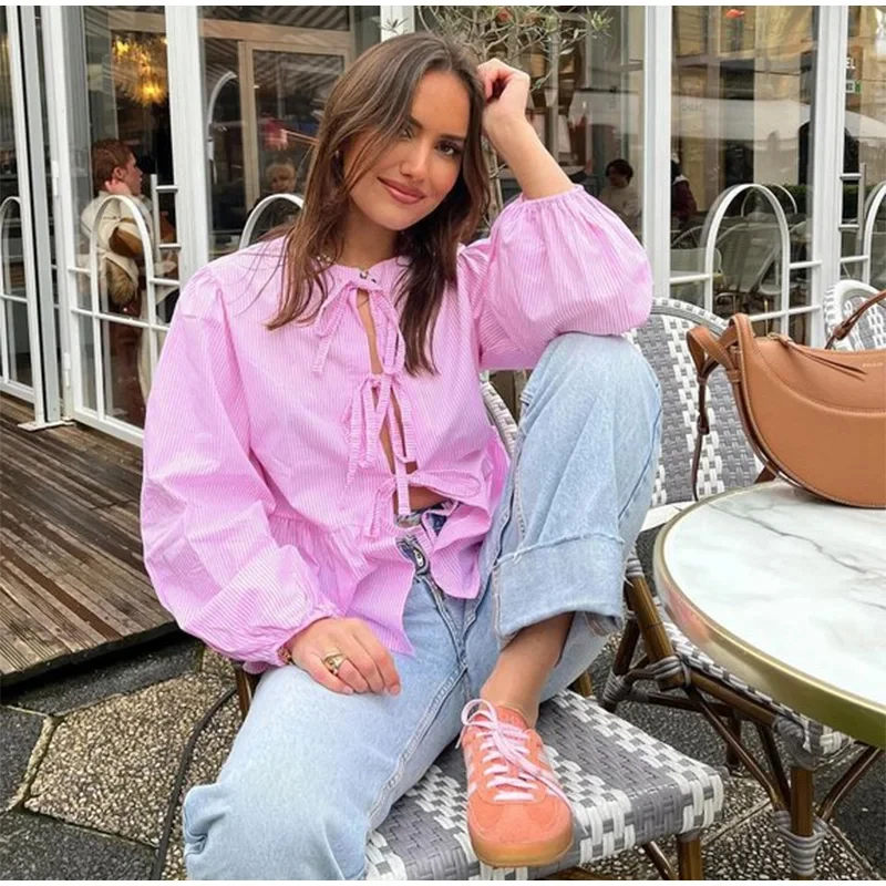 

Рубашка женская домашняя на шнуровке, повседневный Мягкий Топ свободного покроя в полоску, модная шикарная с длинным рукавом, весна-лето 2024