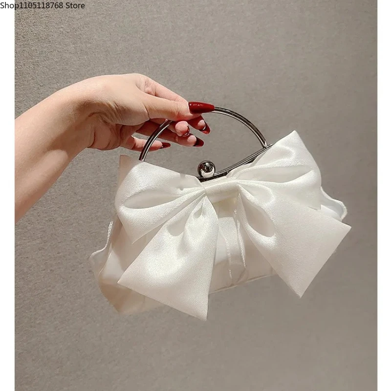 

White Satin Bow Fairy Evening Bags Clutch Metal Handle Handbags for Women Wedding Party Bridal Clutches Purse Chain Shoulder Bag