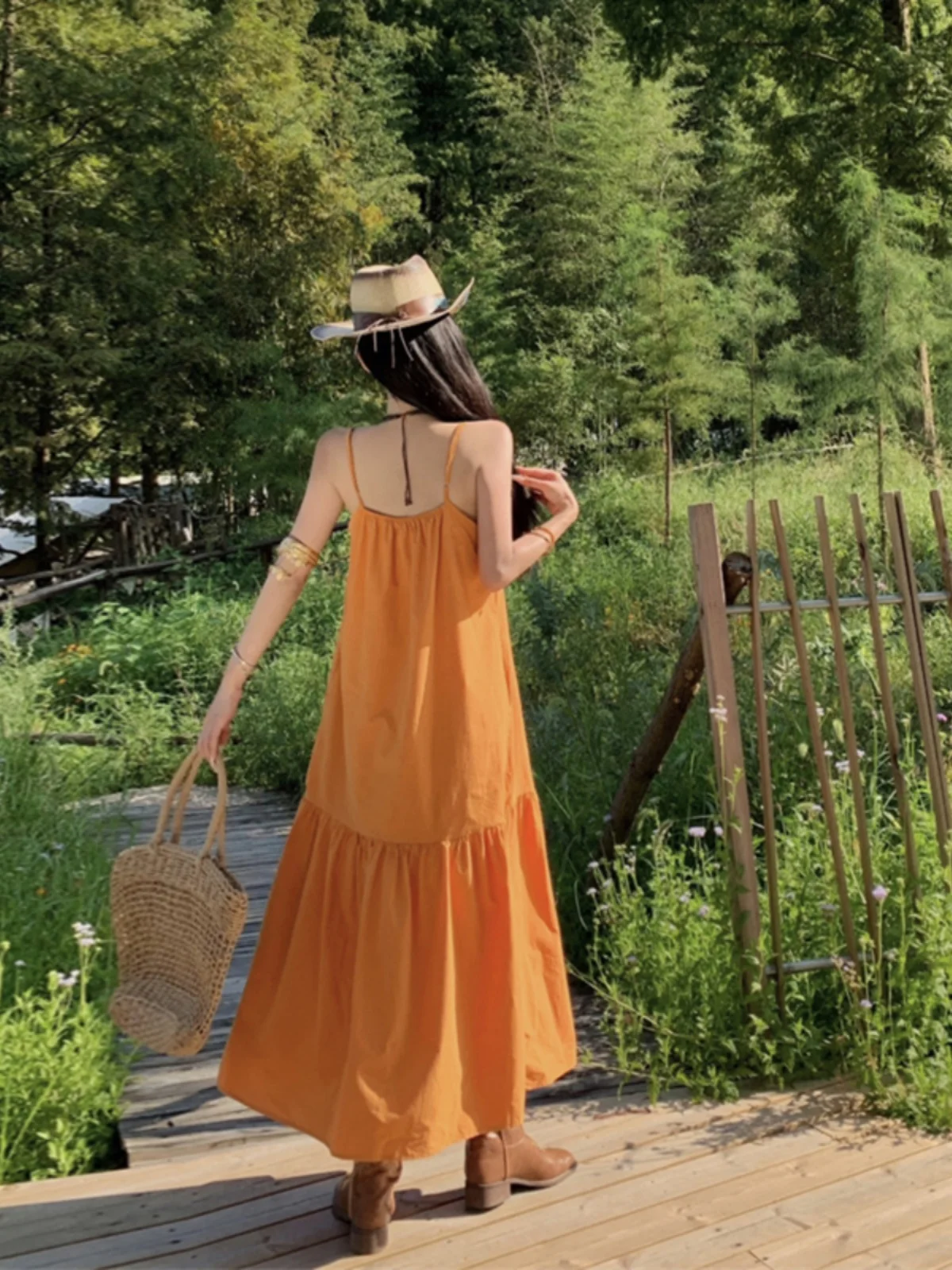 Alça de algodão laranja Dr Vaion solta preguiçosa Sle praia férias saia longa cintura solta fibra de poliéster verão sem Sve rou...